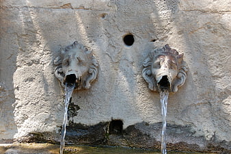 Two stone lion head fountains spouting water on a textured wall