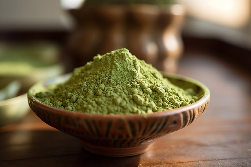 Rustic Bowl of Vibrant Green Matcha Powder