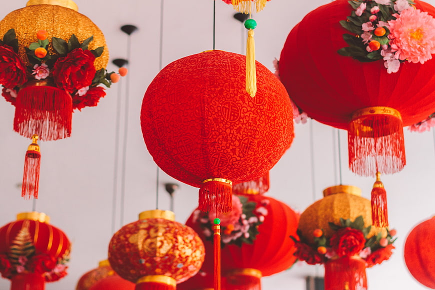 Red and Gold Chinese Lanterns with Floral Decorations