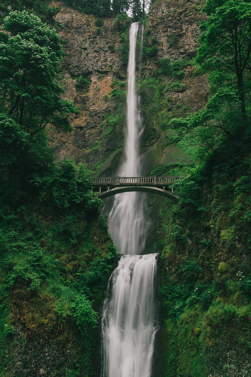 Tall waterfall cascading behind a stone bridge in lush forest