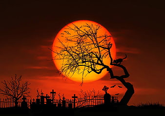 Spooky Halloween Graveyard Silhouette with Black Cat and Full Moon