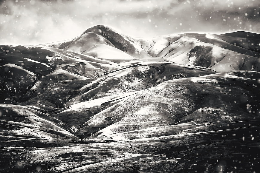 Dramatic Black and White Snowy Mountain Landscape