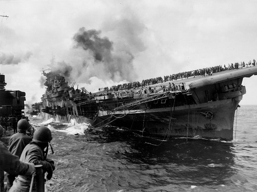 USS Franklin aircraft carrier on fire during World War II