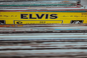 Close-up of Elvis Presley vinyl record in stack