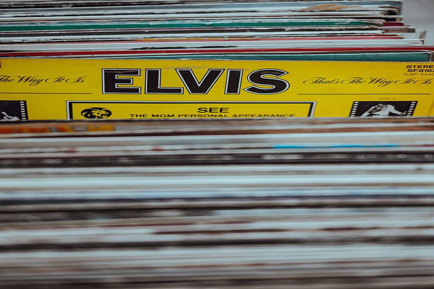 Close-up of Elvis Presley vinyl record in stack