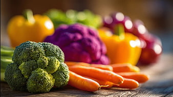 Fresh Broccoli and Carrots on Rustic Wooden Table