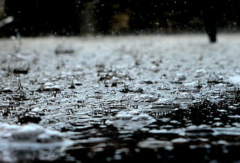 Close-up of raindrops splashing in a puddle on wet pavement