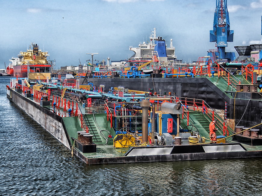 Industrial Barge and Cargo Ships in Rotterdam Port