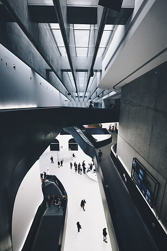High Angle View of Modern Concrete Museum Interior with Stairs