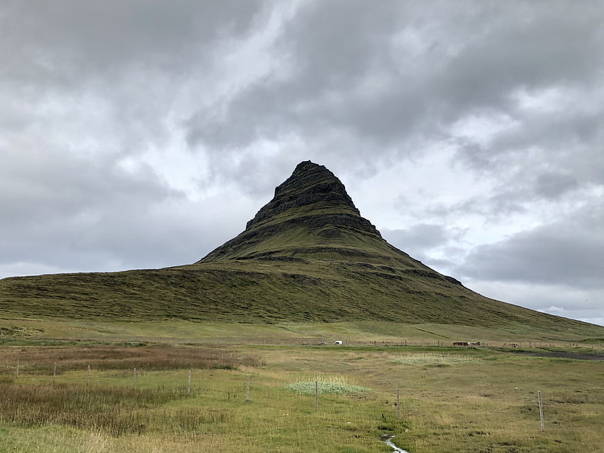 Kirkjufell Mountain Iceland Landscape with Cloudy Sky