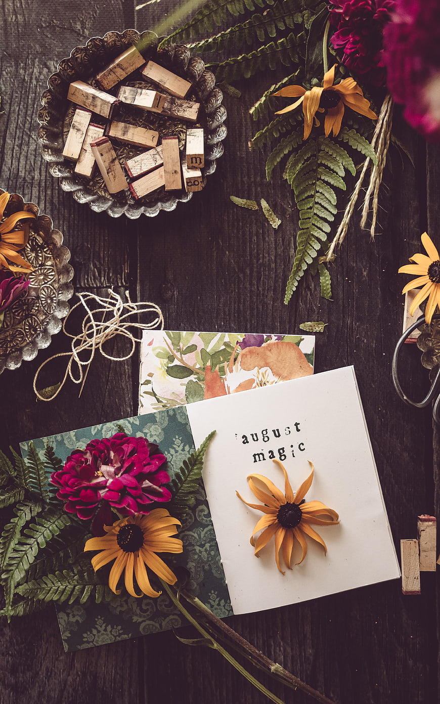 Rustic August Magic Greeting Card with Flowers and Stamps