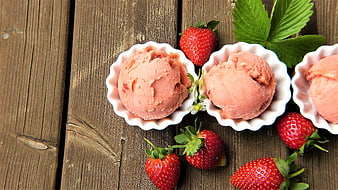 Fresh Strawberry Sorbet in White Bowls on Rustic Wood