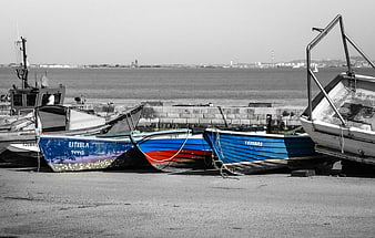 Colorized Fishing Boats in Black and White Harbor