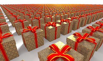 Endless Rows Of 3D Christmas Gift Boxes With Red Ribbons