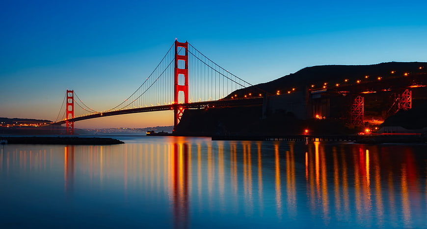 Golden Gate Bridge at Dusk with Water Reflections