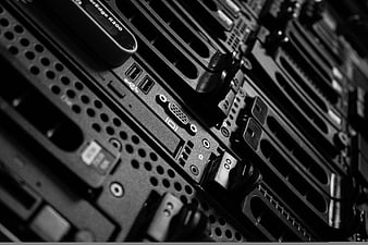 Close-up of server rack ports and connectors in data center
