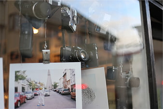 Vintage cameras and prints in a photography shop window display