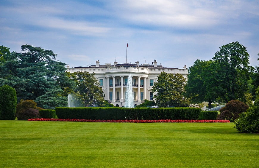 White House South Lawn with Fountain and Red Flowers
