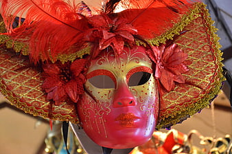 Red and Gold Venetian Carnival Mask with Feathers