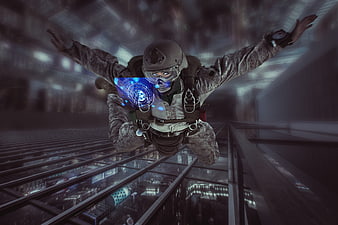 Futuristic soldier skydiving with holographic interface