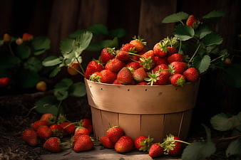 Ripe Strawberries in Wooden Basket on Rustic Table