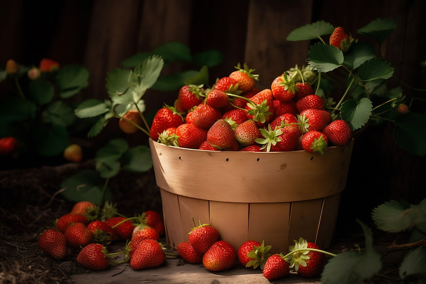 Ripe Strawberries in Wooden Basket on Rustic Table