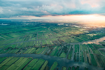 Aerial View of Dutch Polder Landscape at Sunset