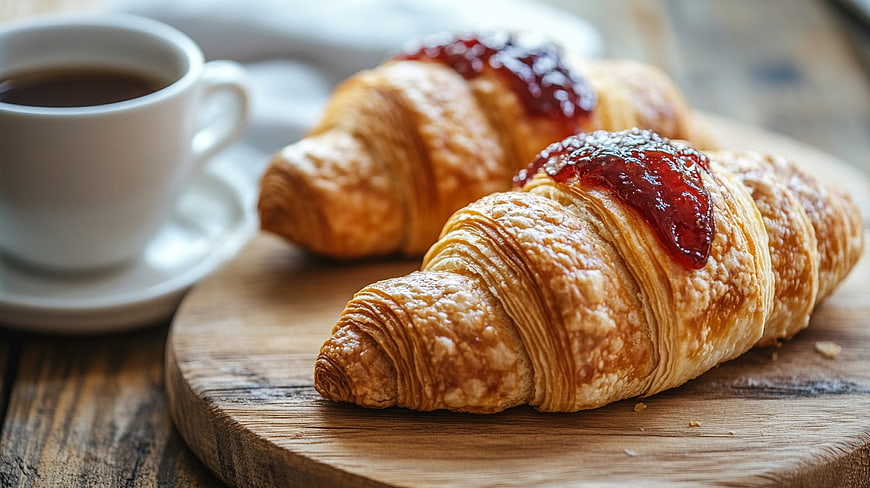 Fresh Croissants with Jam and Coffee on Wooden Board