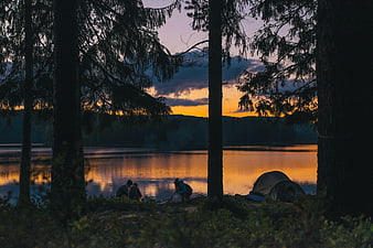 Camping by Lake at Sunset with Tent and People