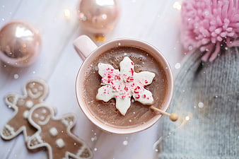 Festive Hot Chocolate With Gingerbread Snowflake And Christmas Ornaments