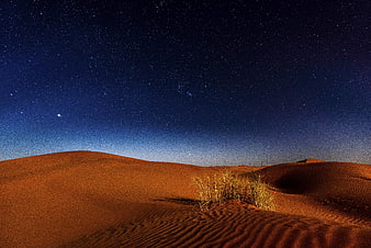Starry Night Sky Over Orange Sand Dunes Desert Landscape