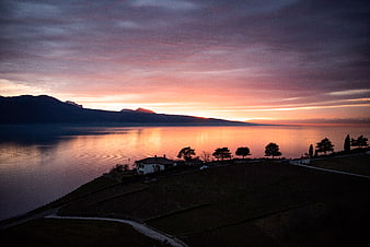 Serene Lake Sunset with Silhouetted Hills and Vineyard