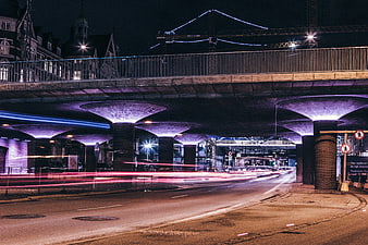 Night long exposure of city underpass with light trails