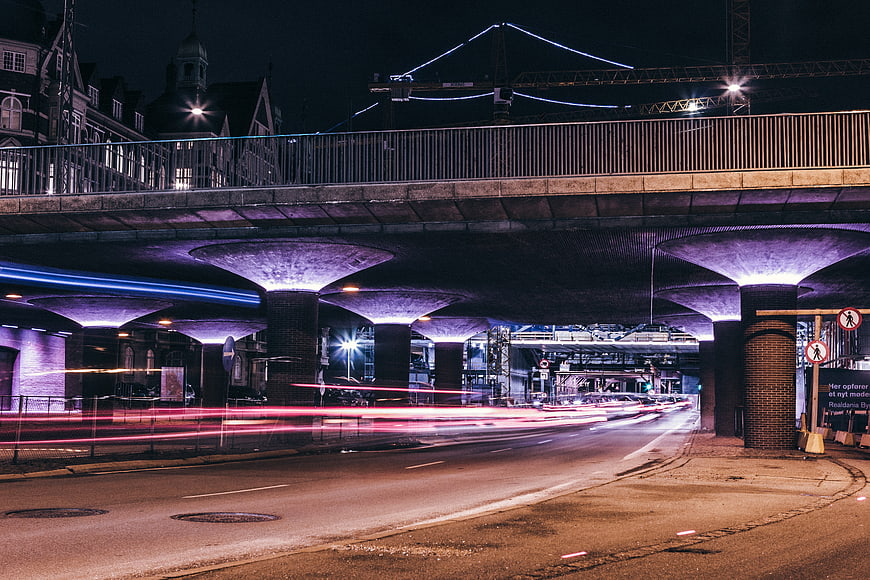 Night long exposure of city underpass with light trails