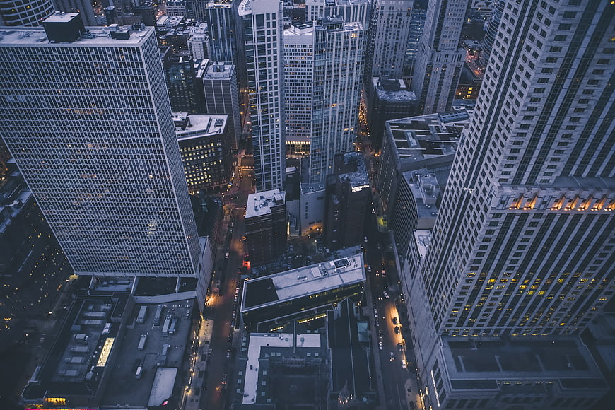 Aerial View of Downtown City Skyline at Dusk