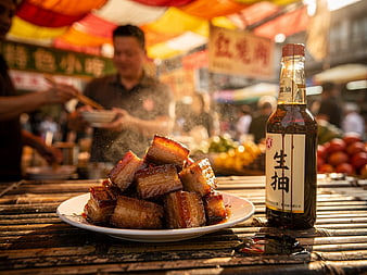 Chinese Braised Pork Belly with Soy Sauce at Street Market
