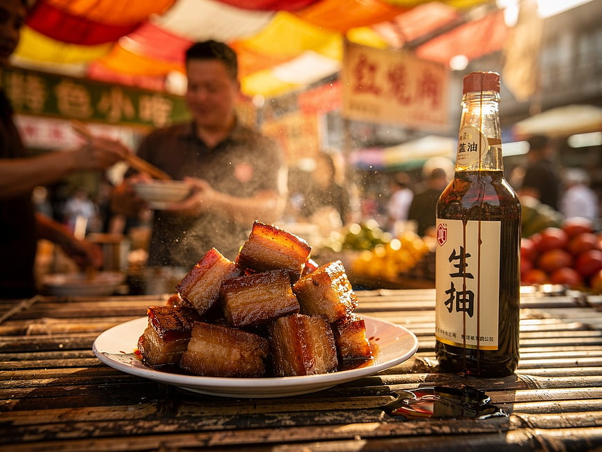 Chinese Braised Pork Belly with Soy Sauce at Street Market