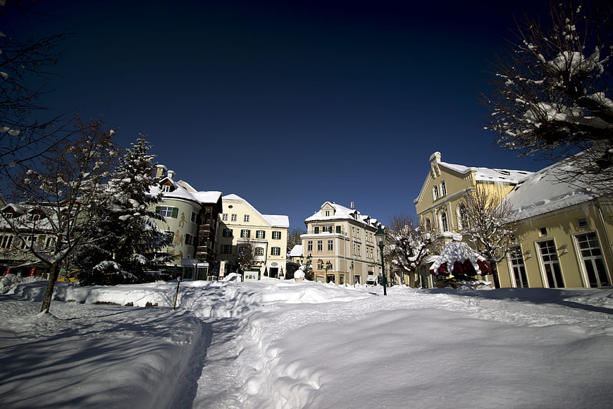 Snowy European Town Square in Winter