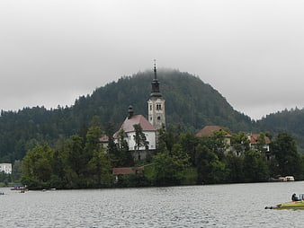 Bled Island Church and Castle on Lake Bled in Slovenia