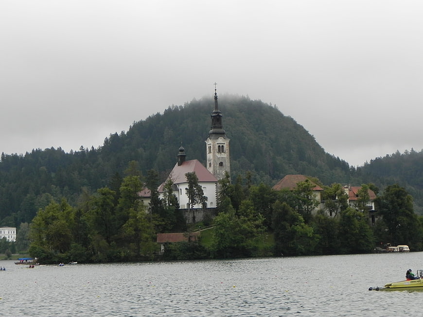 Bled Island Church and Castle on Lake Bled in Slovenia