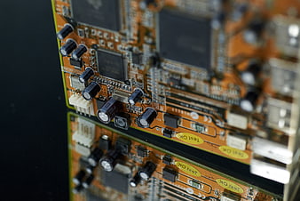Close-up of electronic circuit board with reflection
