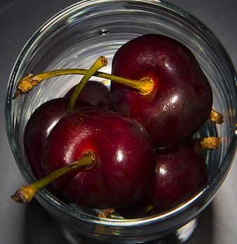 Fresh Red Cherries in Glass Bowl Top View