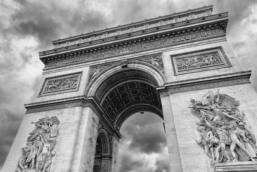 Black and White Low Angle View of Arc de Triomphe