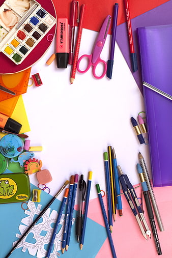 Colorful School Supplies Flat Lay with Copyspace