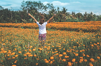Woman with Arms Raised in Orange Marigold Flower Field