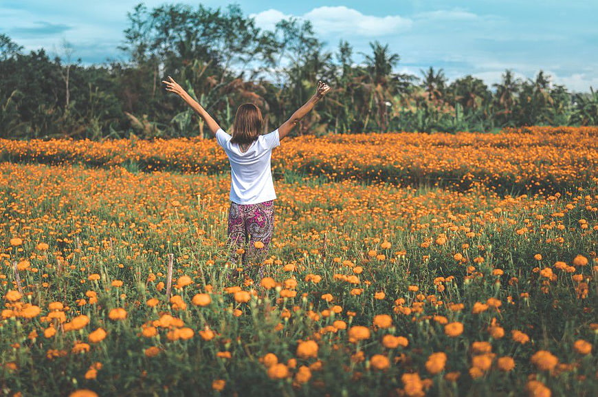 Woman with Arms Raised in Orange Marigold Flower Field