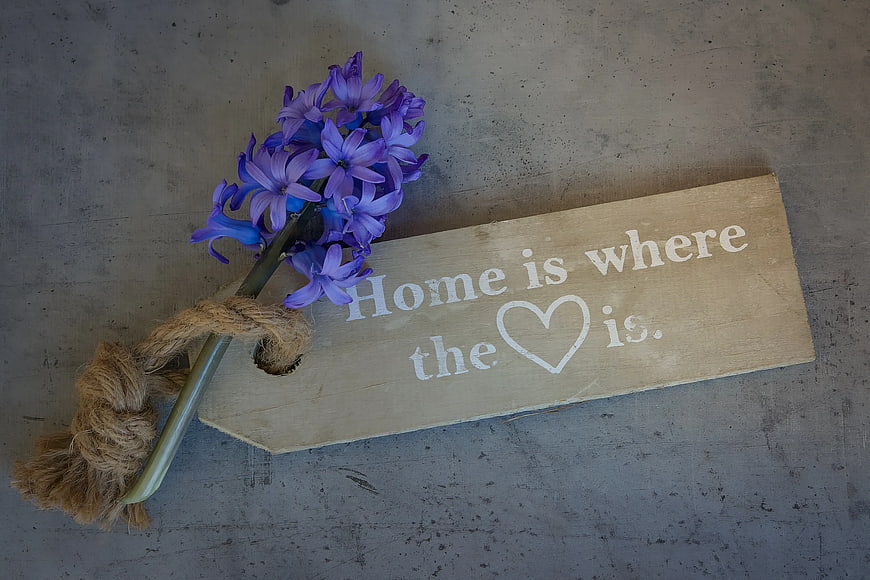 Wooden Home Is Where The Heart Is Sign With Purple Hyacinth