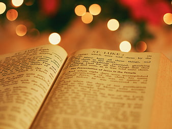 Open Bible with Christmas Lights and Bokeh Background
