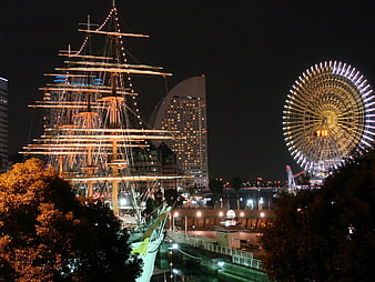 Yokohama Minato Mirai Night View With Tall Ship And Ferris Wheel