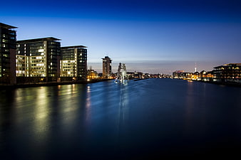 Berlin Spree River Night View with Dancing Couple Sculpture